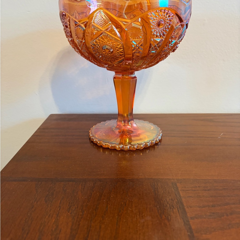 Signed IG Vintage Imperial Glass Marigold Carnival Glass 8" Compote Candy Dish